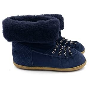 Chanel Shearling Boots Chain Navy Blue CC Logo Suede Ankle Moccasin 38.5 / 8.5